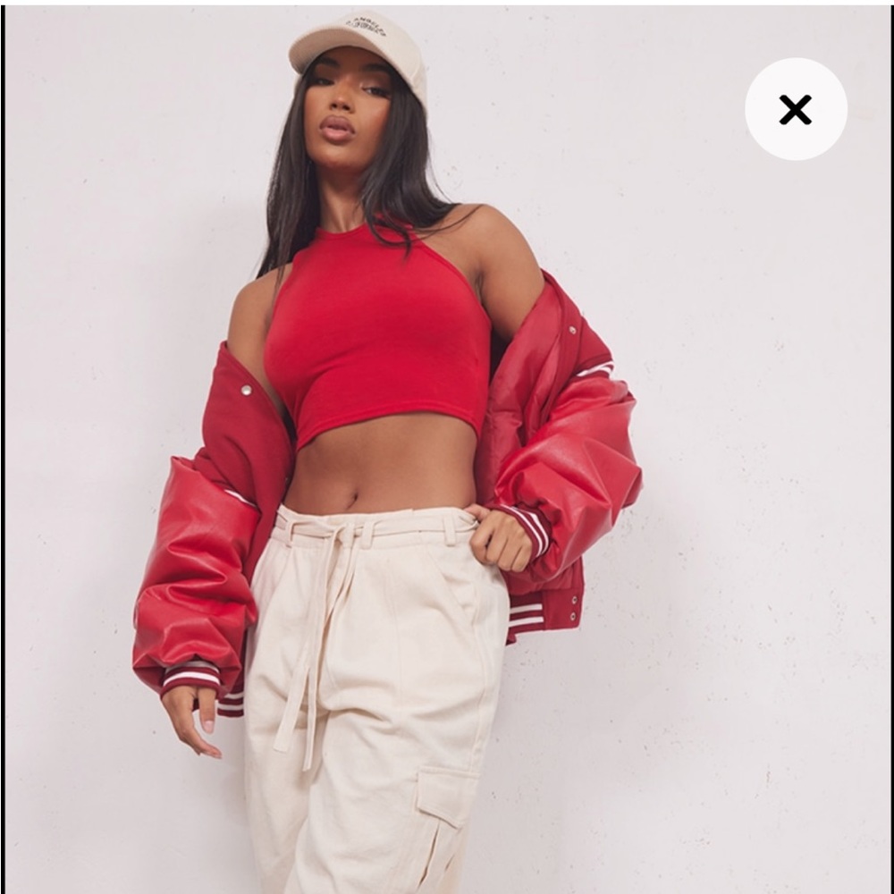 Red Basic Jersey Racerback Crop Top - RED - Picture 4 of 8